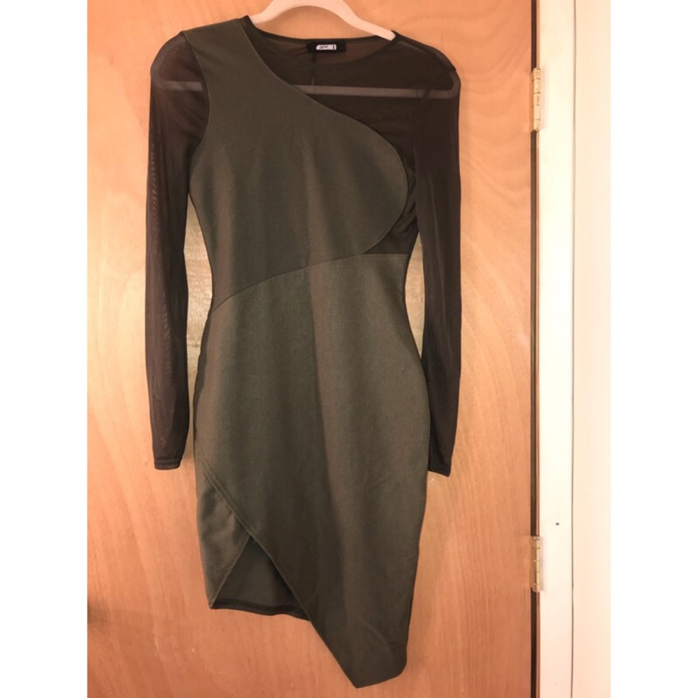 Misguided Khaki Mini Dress with Mesh Sleeves.